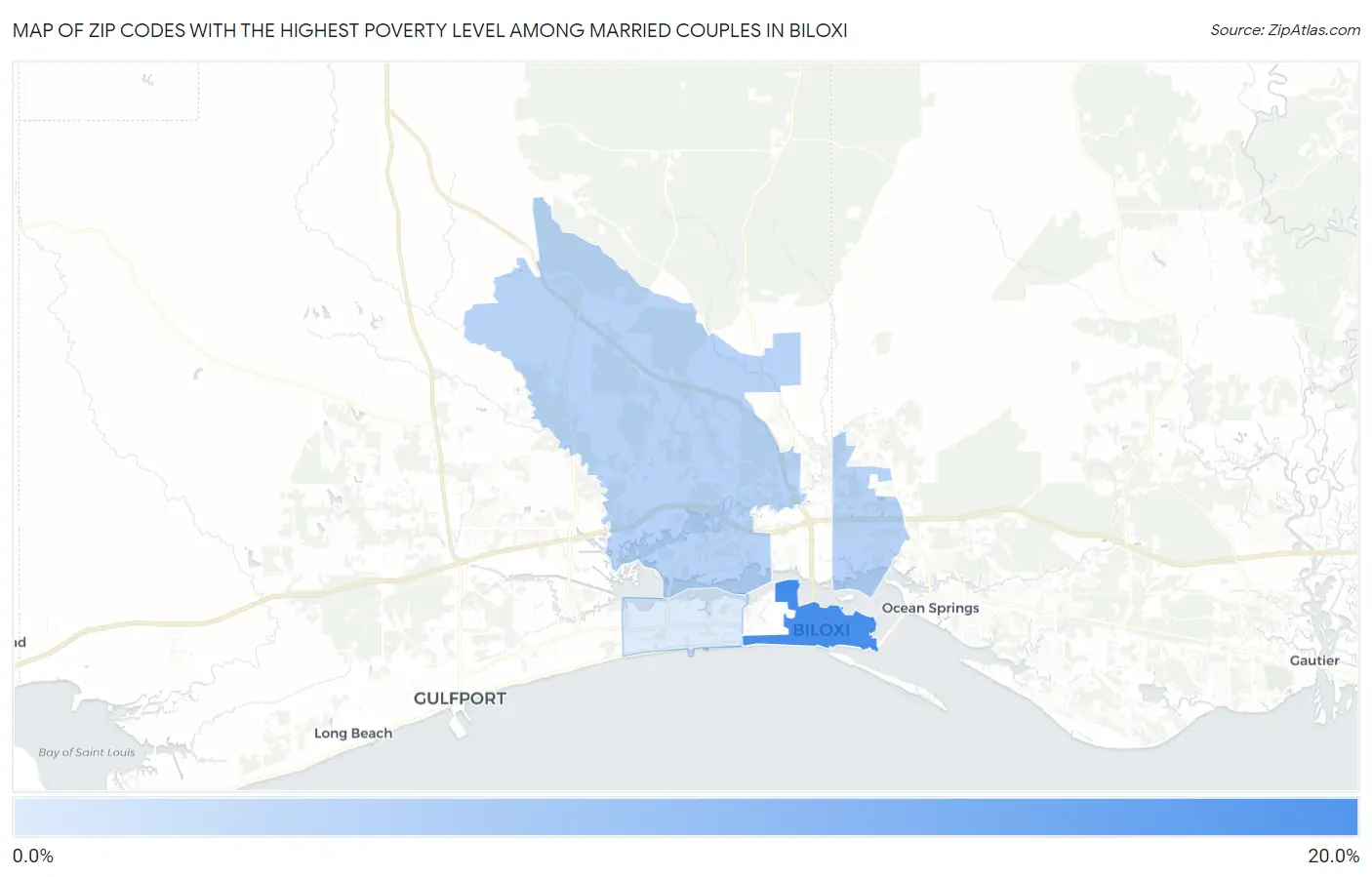 Zip Codes with the Highest Poverty Level Among Married Couples in Biloxi Map