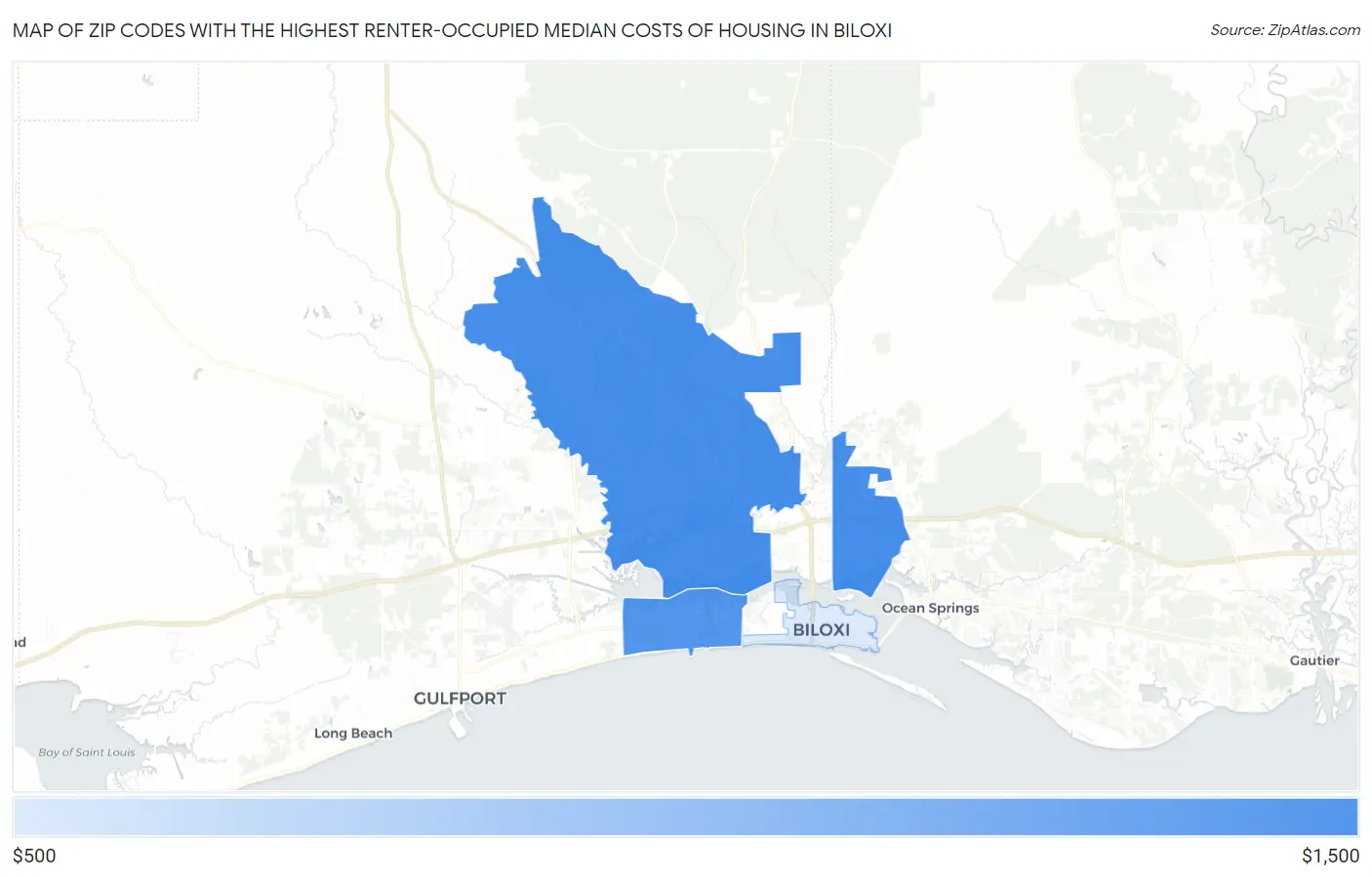 Zip Codes with the Highest Renter-Occupied Median Costs of Housing in Biloxi Map
