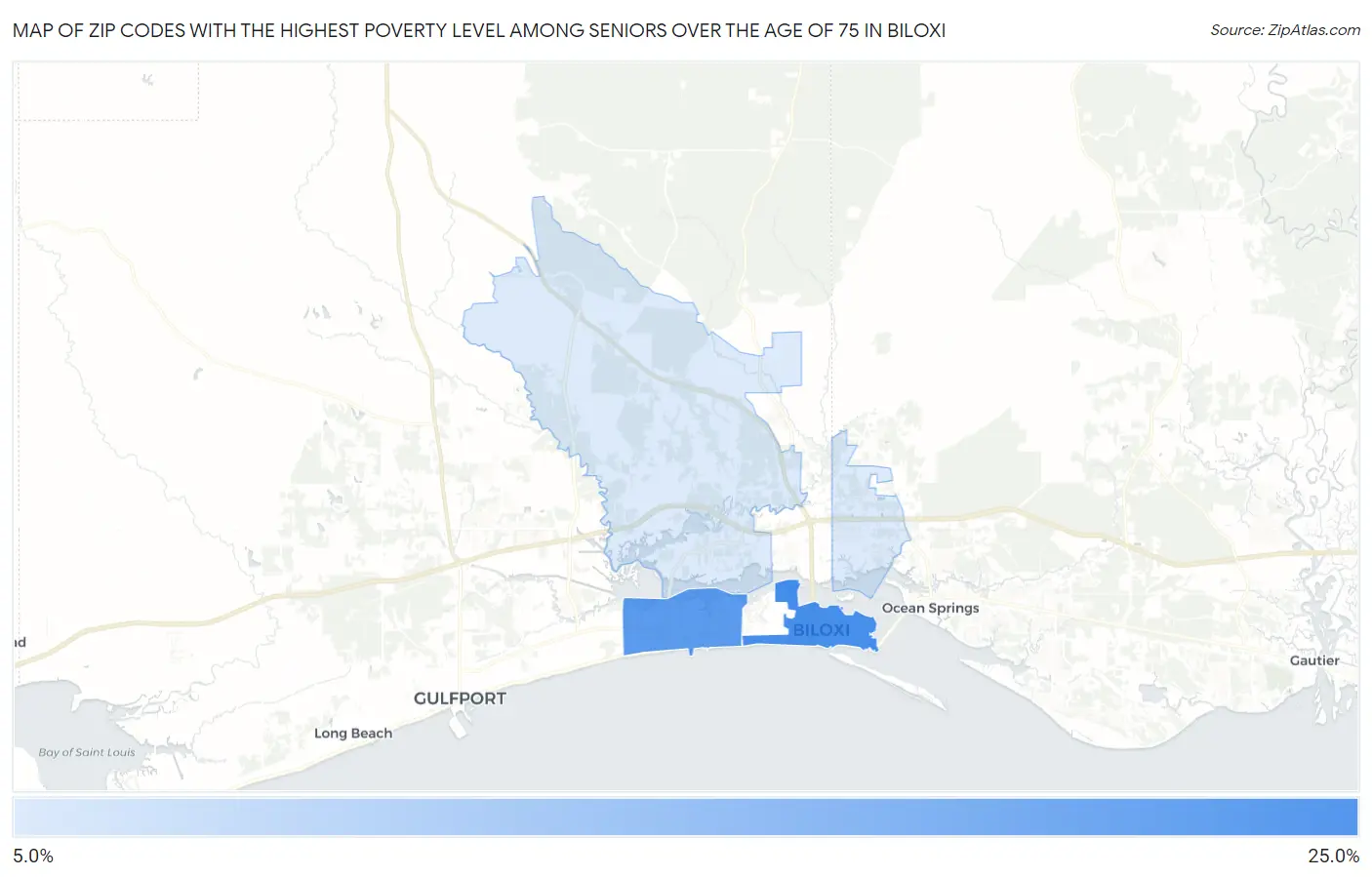 Zip Codes with the Highest Poverty Level Among Seniors Over the Age of 75 in Biloxi Map