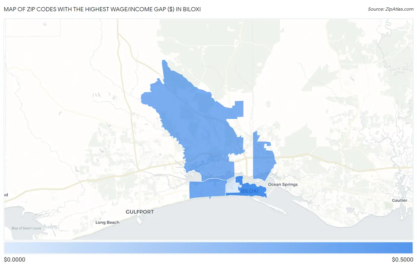 Zip Codes with the Highest Wage/Income Gap ($) in Biloxi Map