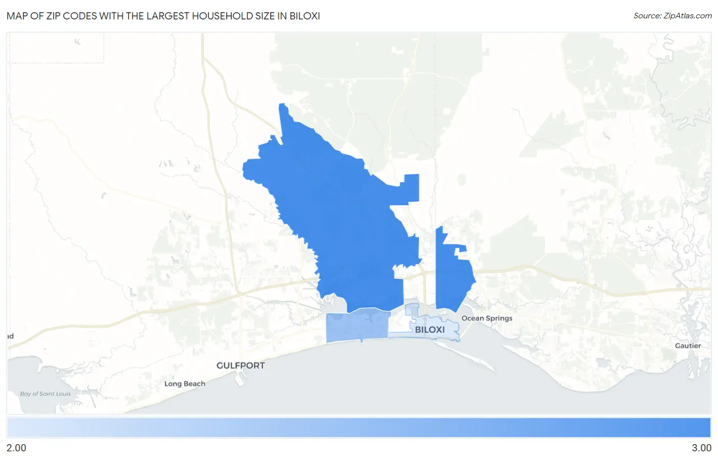 Zip Codes with the Largest Household Size in Biloxi Map