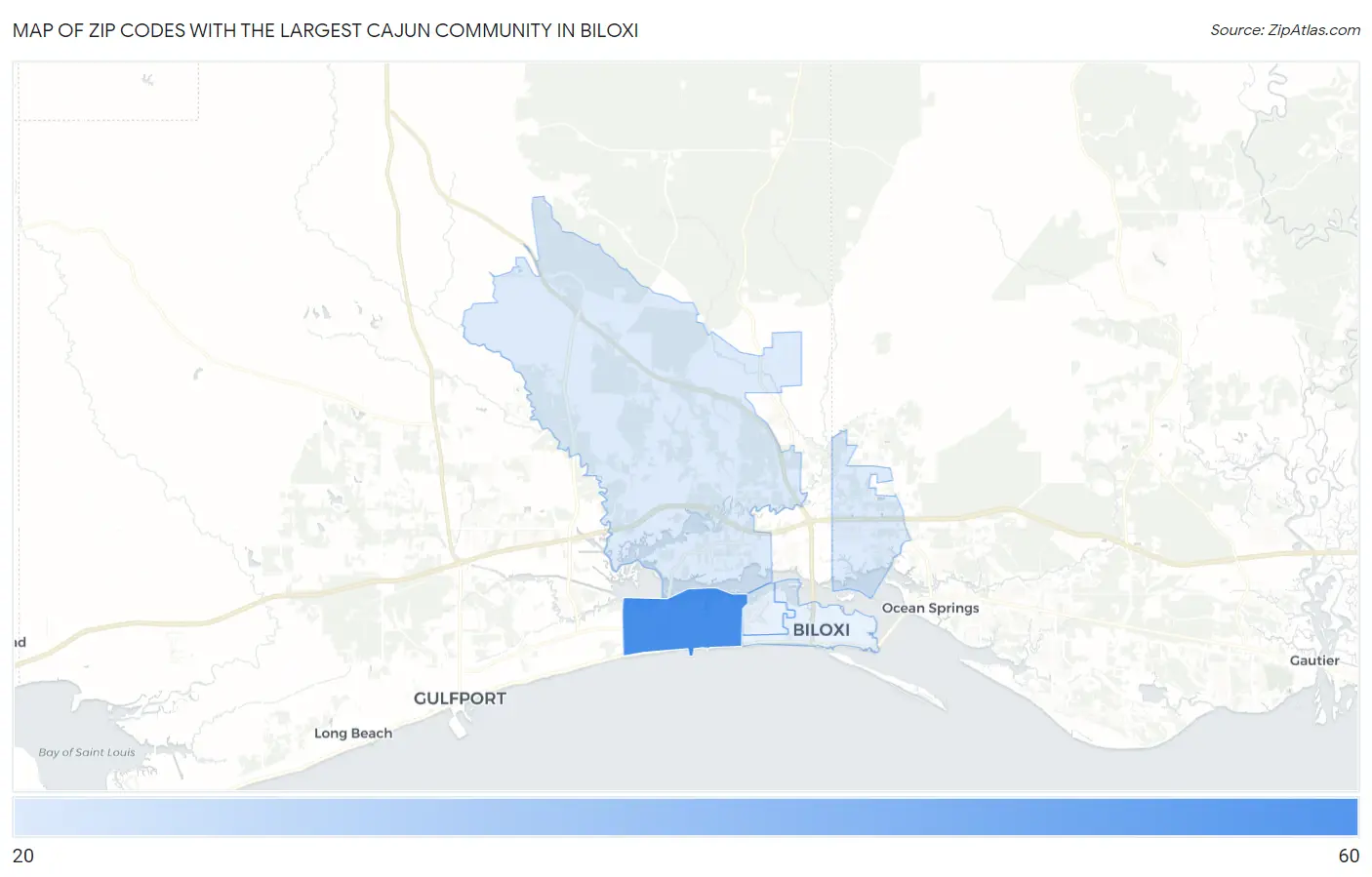 Zip Codes with the Largest Cajun Community in Biloxi Map