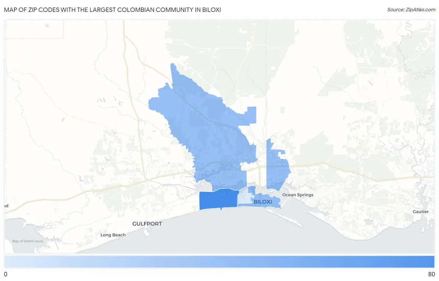 Zip Codes with the Largest Colombian Community in Biloxi Map