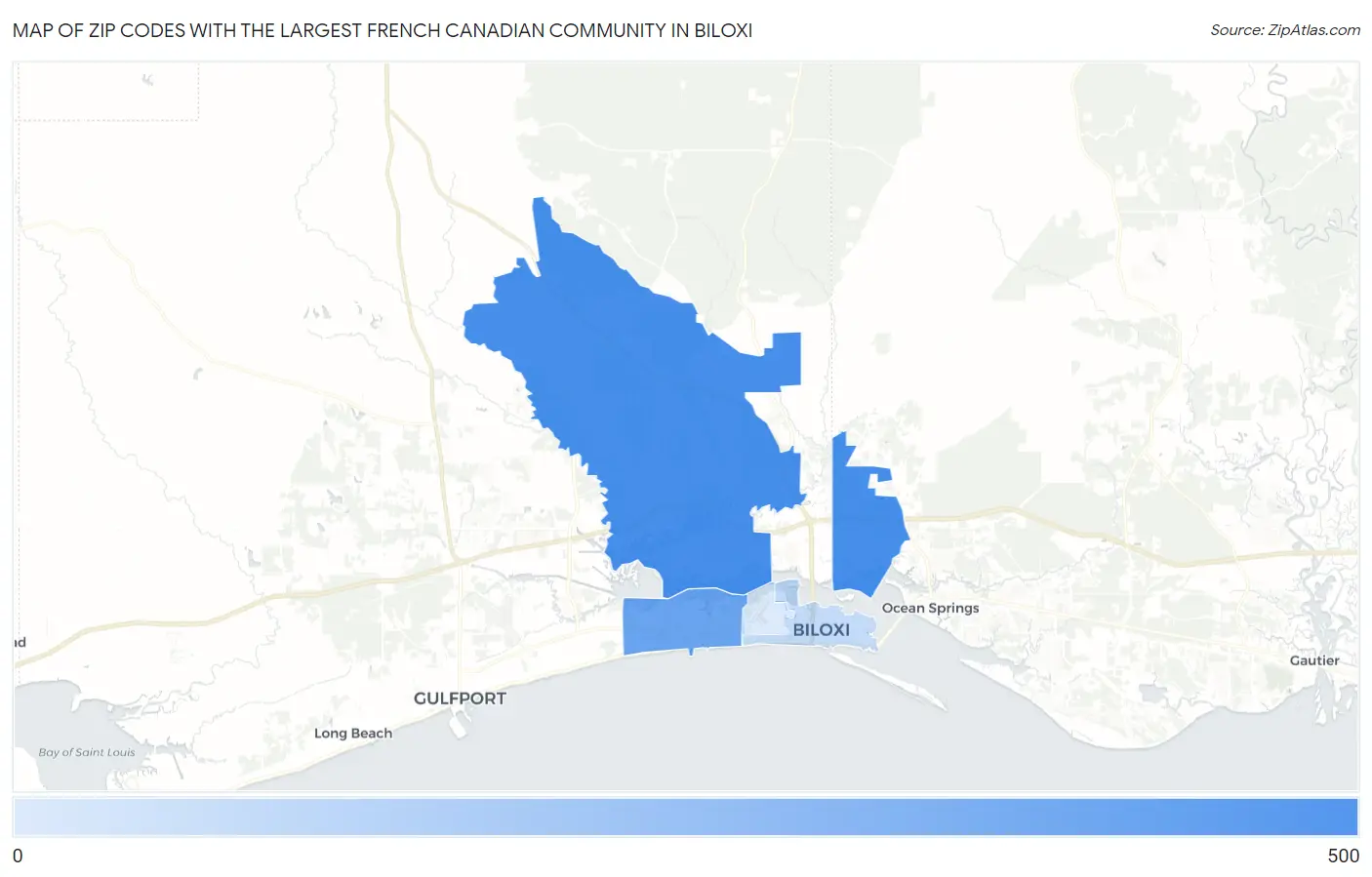 Zip Codes with the Largest French Canadian Community in Biloxi Map