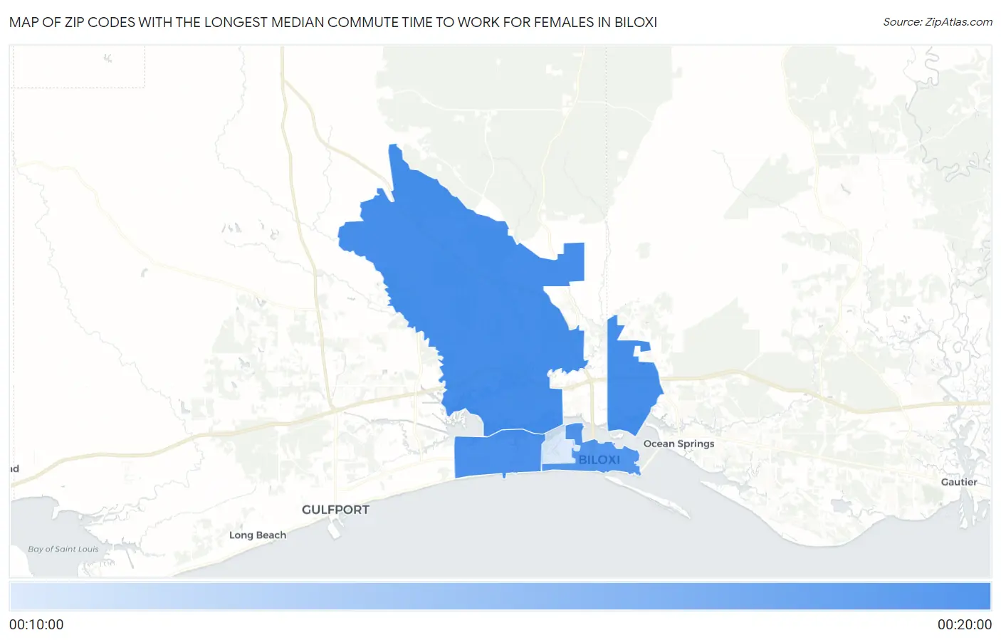 Zip Codes with the Longest Median Commute Time to Work for Females in Biloxi Map