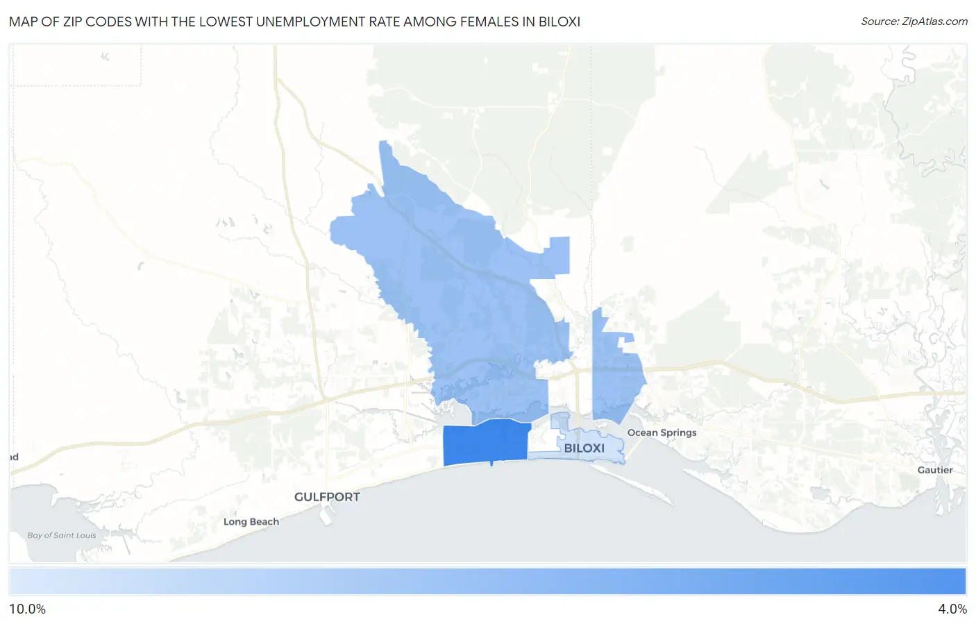 Zip Codes with the Lowest Unemployment Rate Among Females in Biloxi Map