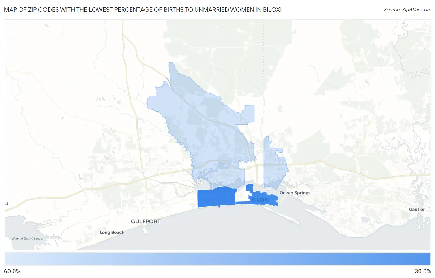Zip Codes with the Lowest Percentage of Births to Unmarried Women in Biloxi Map