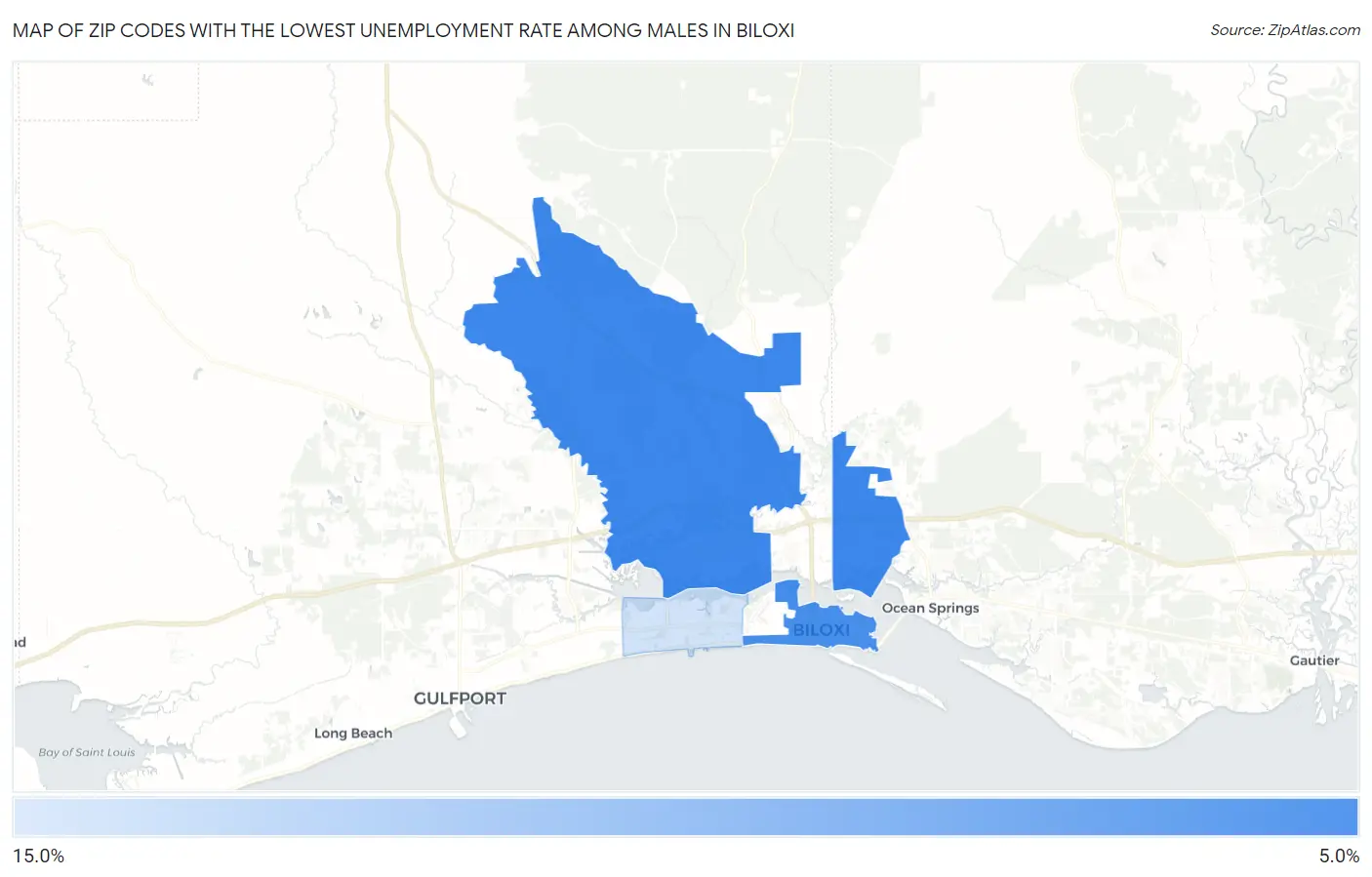 Zip Codes with the Lowest Unemployment Rate Among Males in Biloxi Map