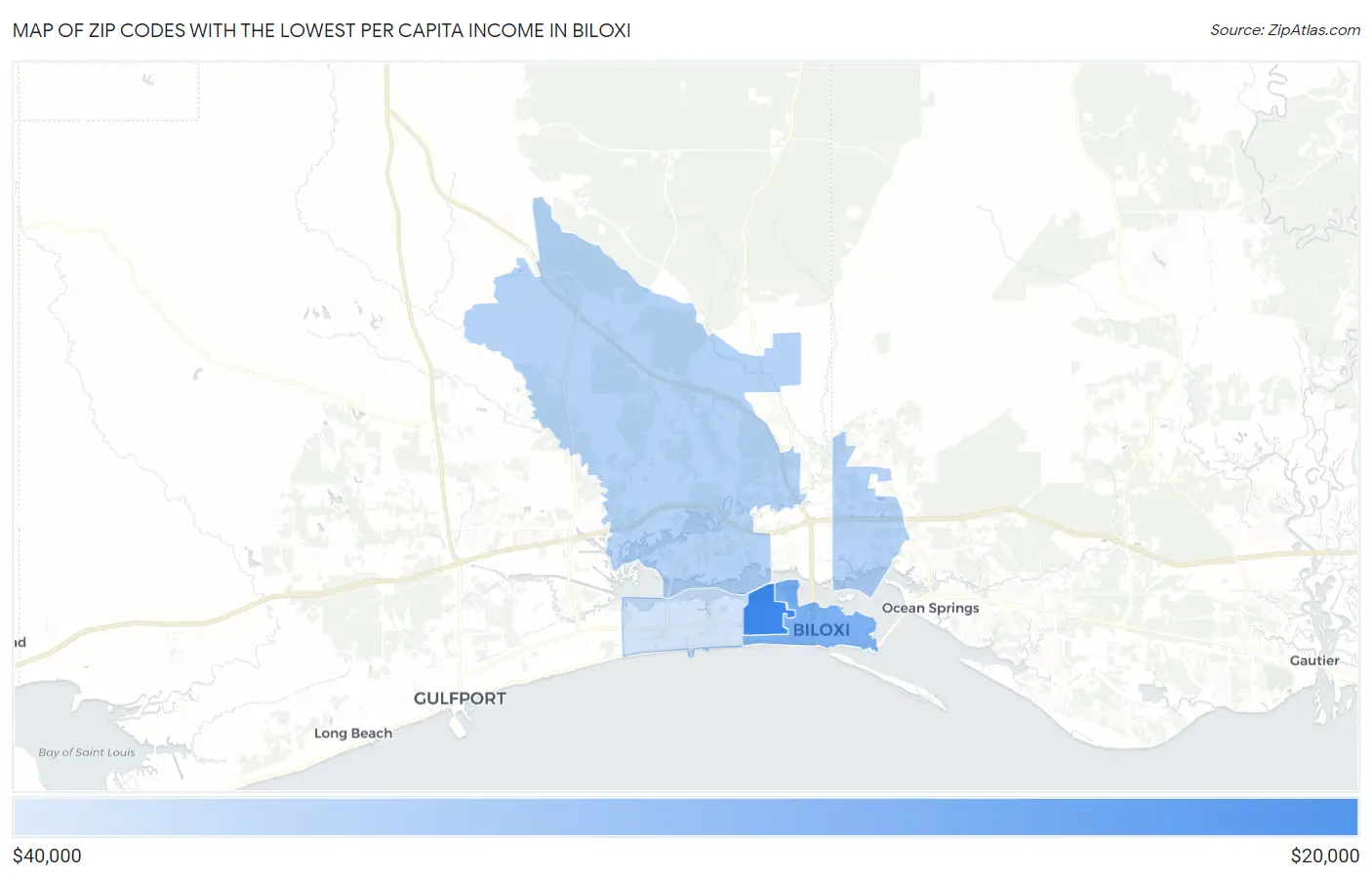 Zip Codes with the Lowest Per Capita Income in Biloxi Map