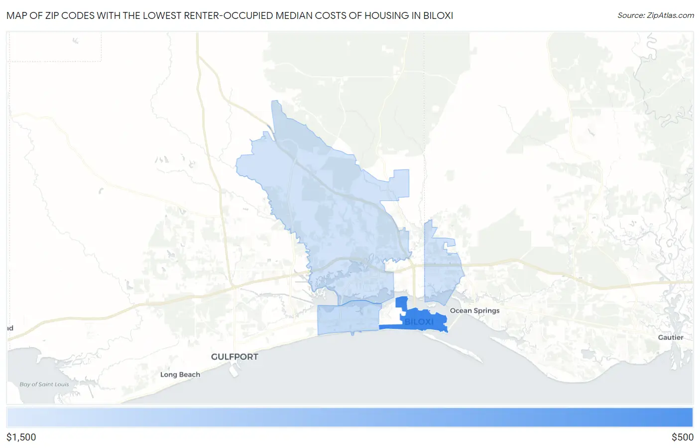 Zip Codes with the Lowest Renter-Occupied Median Costs of Housing in Biloxi Map