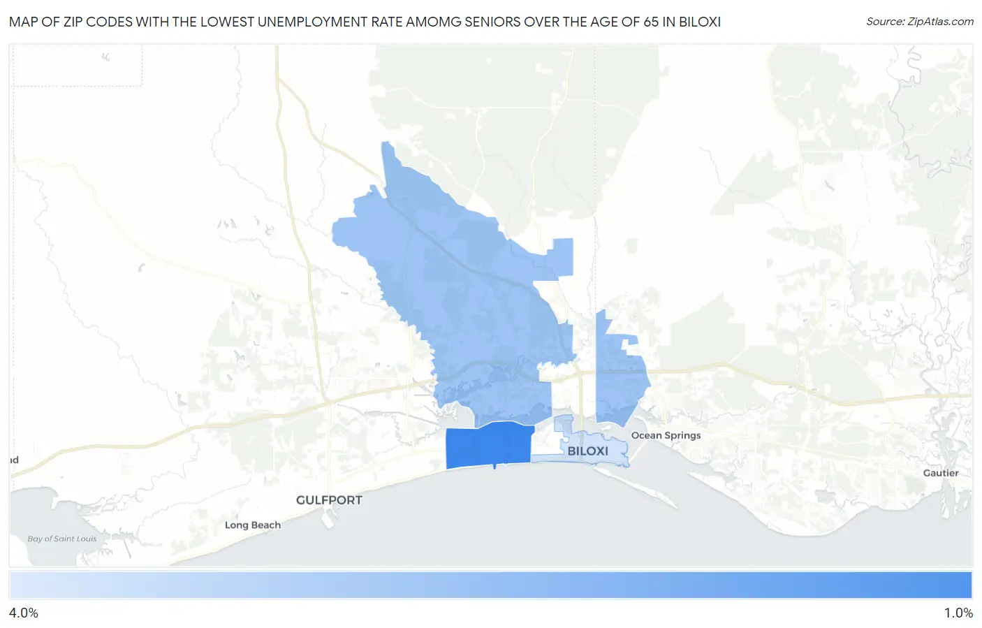 Zip Codes with the Lowest Unemployment Rate Amomg Seniors Over the Age of 65 in Biloxi Map