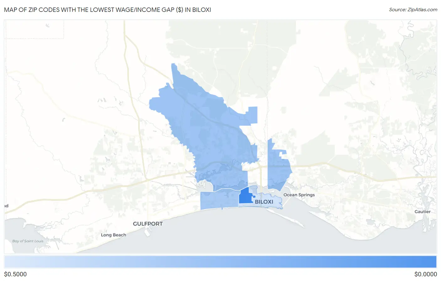 Zip Codes with the Lowest Wage/Income Gap ($) in Biloxi Map