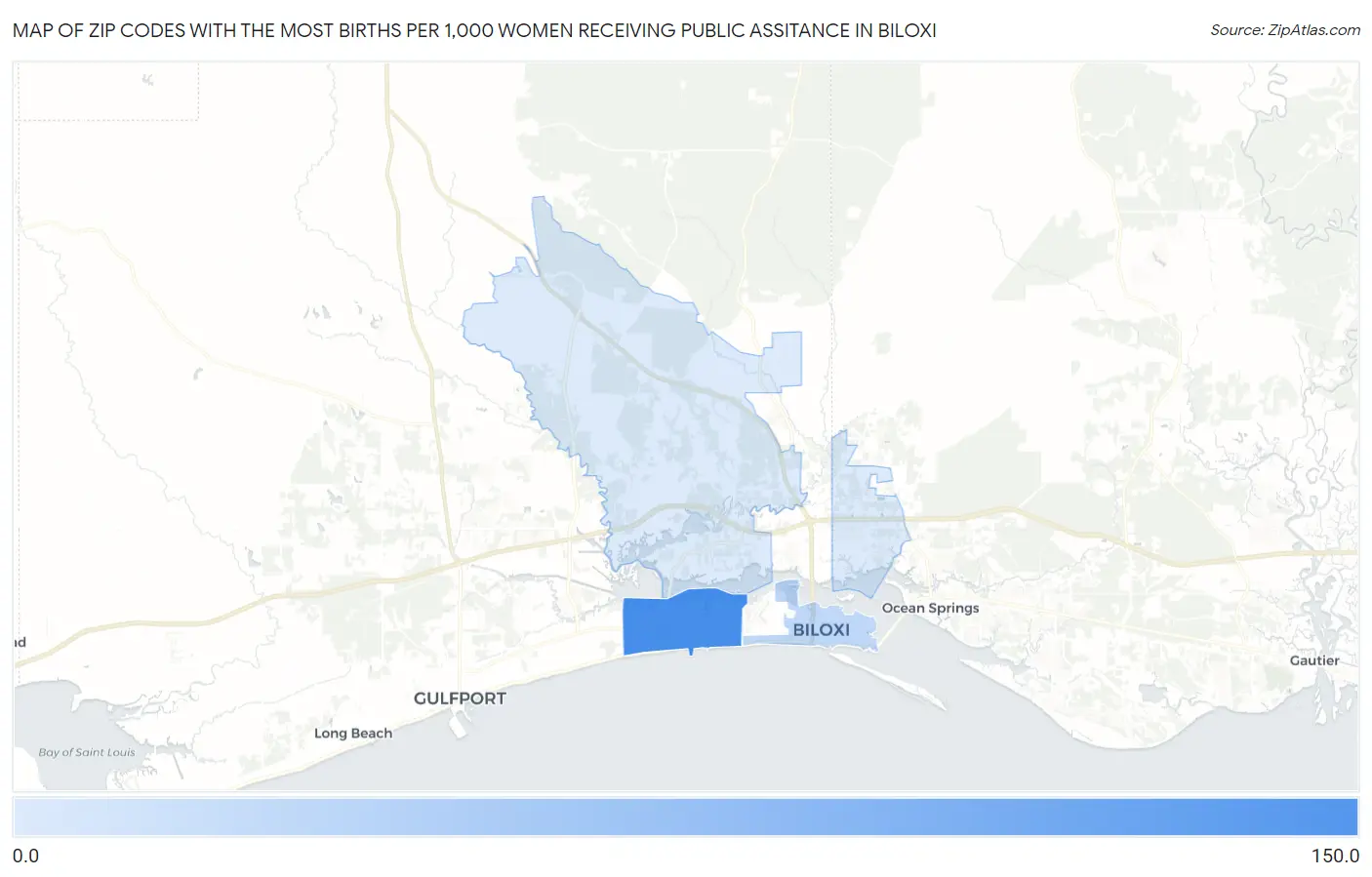 Zip Codes with the Most Births per 1,000 Women Receiving Public Assitance in Biloxi Map