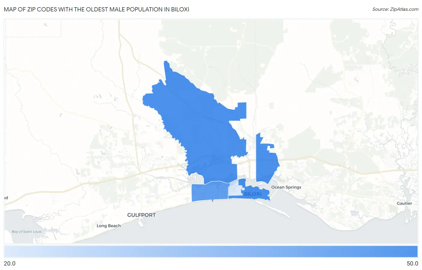 Zip Codes with the Oldest Male Population in Biloxi Map