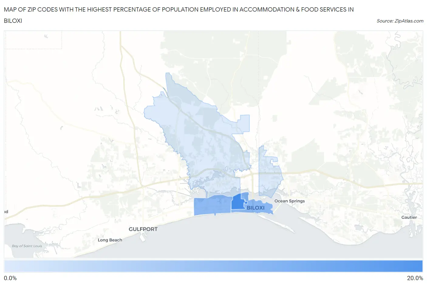Zip Codes with the Highest Percentage of Population Employed in Accommodation & Food Services in Biloxi Map