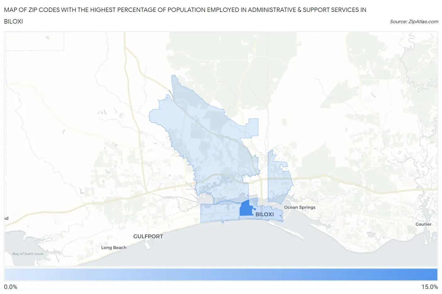 Zip Codes with the Highest Percentage of Population Employed in Administrative & Support Services in Biloxi Map