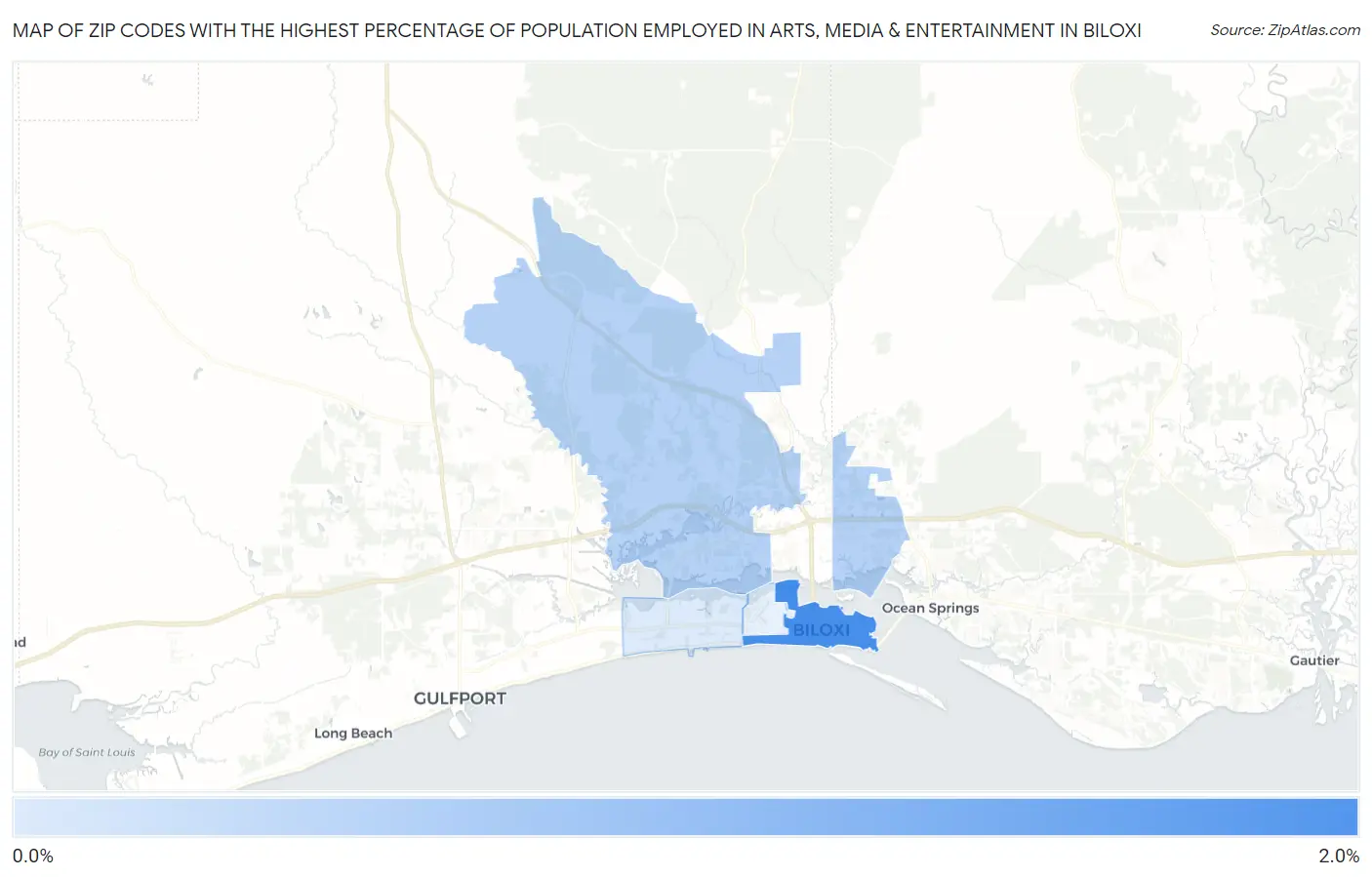 Zip Codes with the Highest Percentage of Population Employed in Arts, Media & Entertainment in Biloxi Map