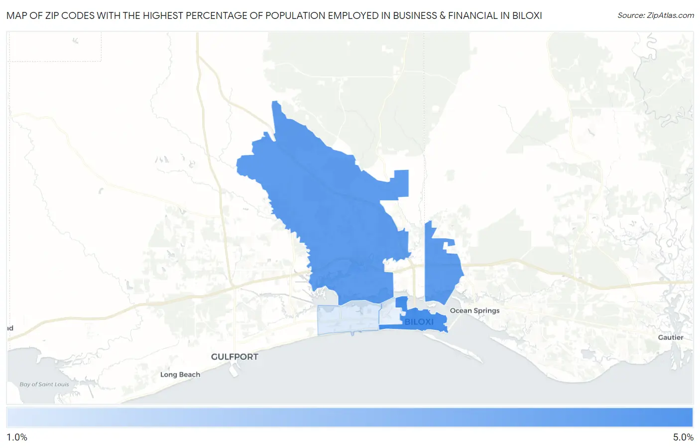 Zip Codes with the Highest Percentage of Population Employed in Business & Financial in Biloxi Map