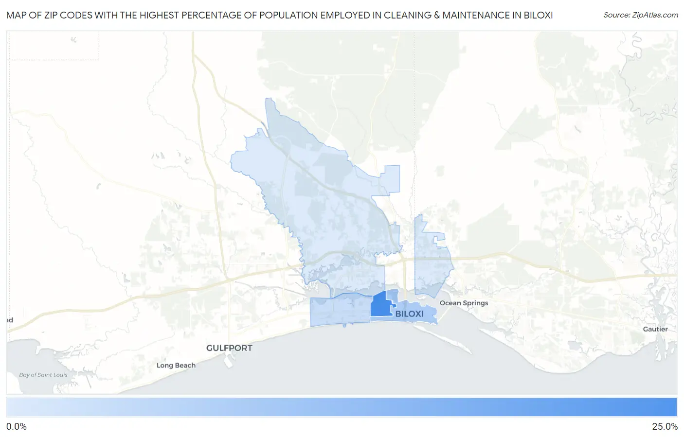 Zip Codes with the Highest Percentage of Population Employed in Cleaning & Maintenance in Biloxi Map