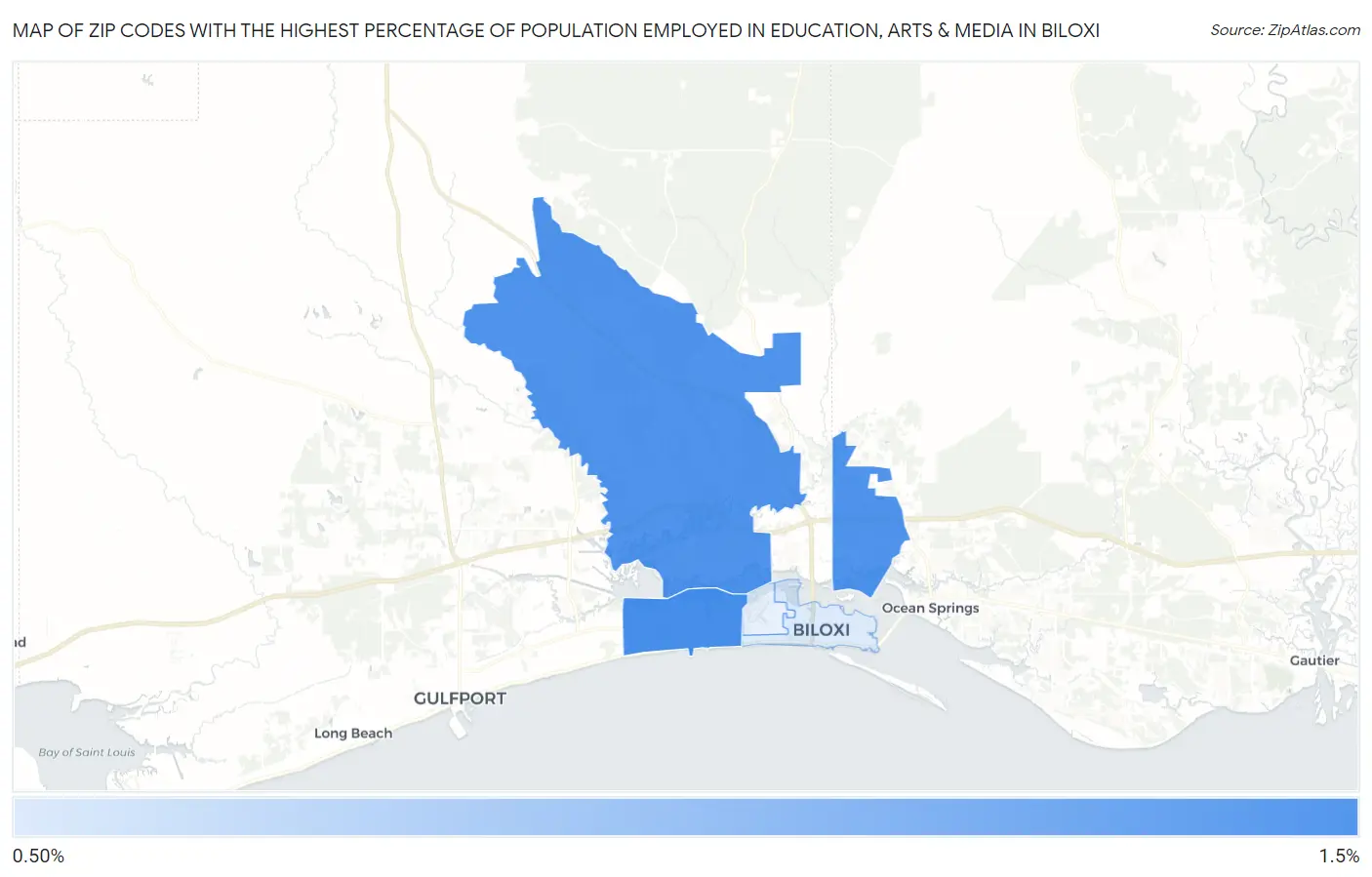 Zip Codes with the Highest Percentage of Population Employed in Education, Arts & Media in Biloxi Map