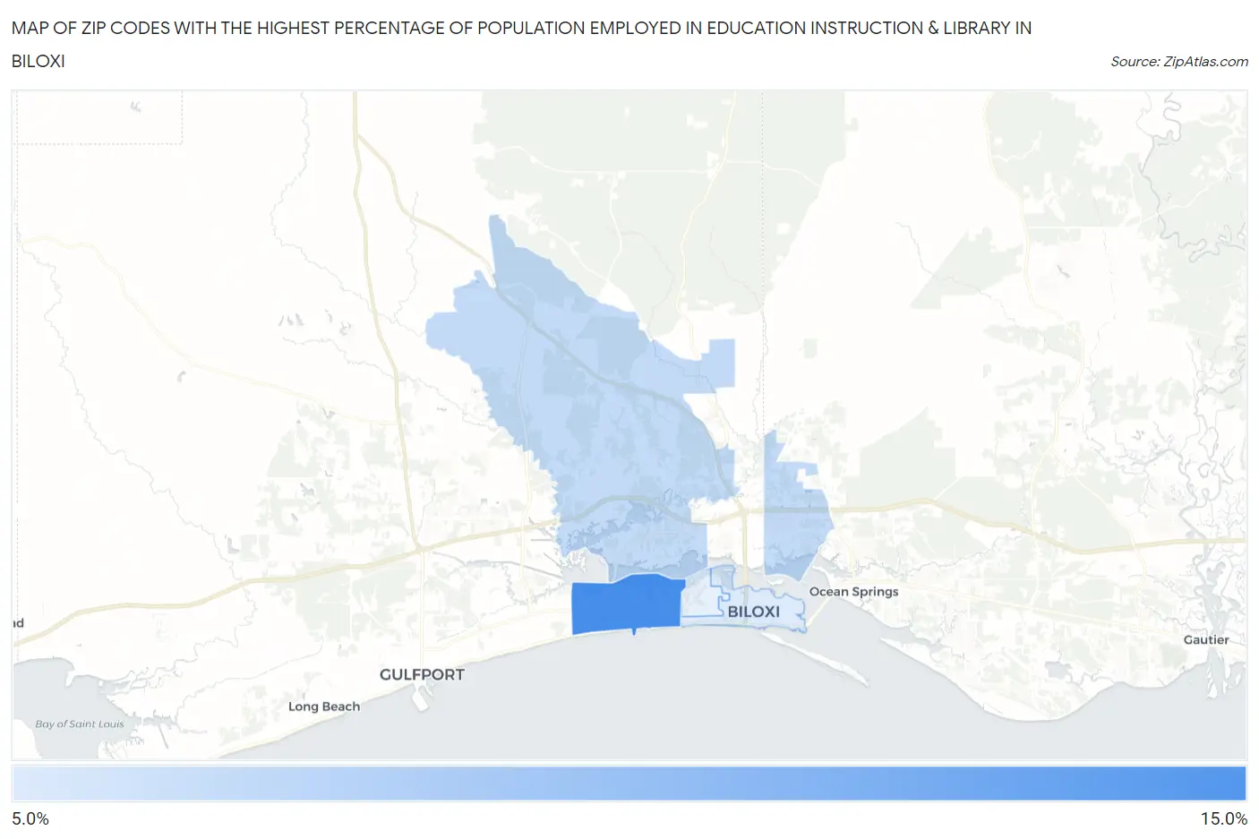 Zip Codes with the Highest Percentage of Population Employed in Education Instruction & Library in Biloxi Map