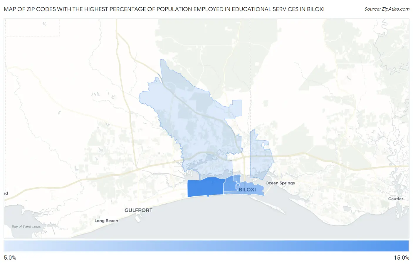 Zip Codes with the Highest Percentage of Population Employed in Educational Services in Biloxi Map