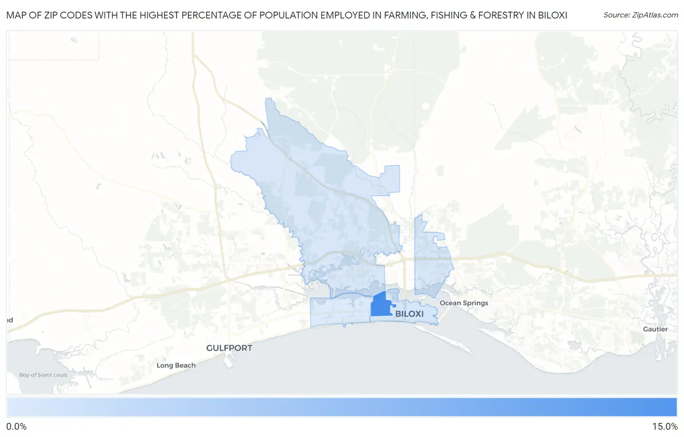 Zip Codes with the Highest Percentage of Population Employed in Farming, Fishing & Forestry in Biloxi Map