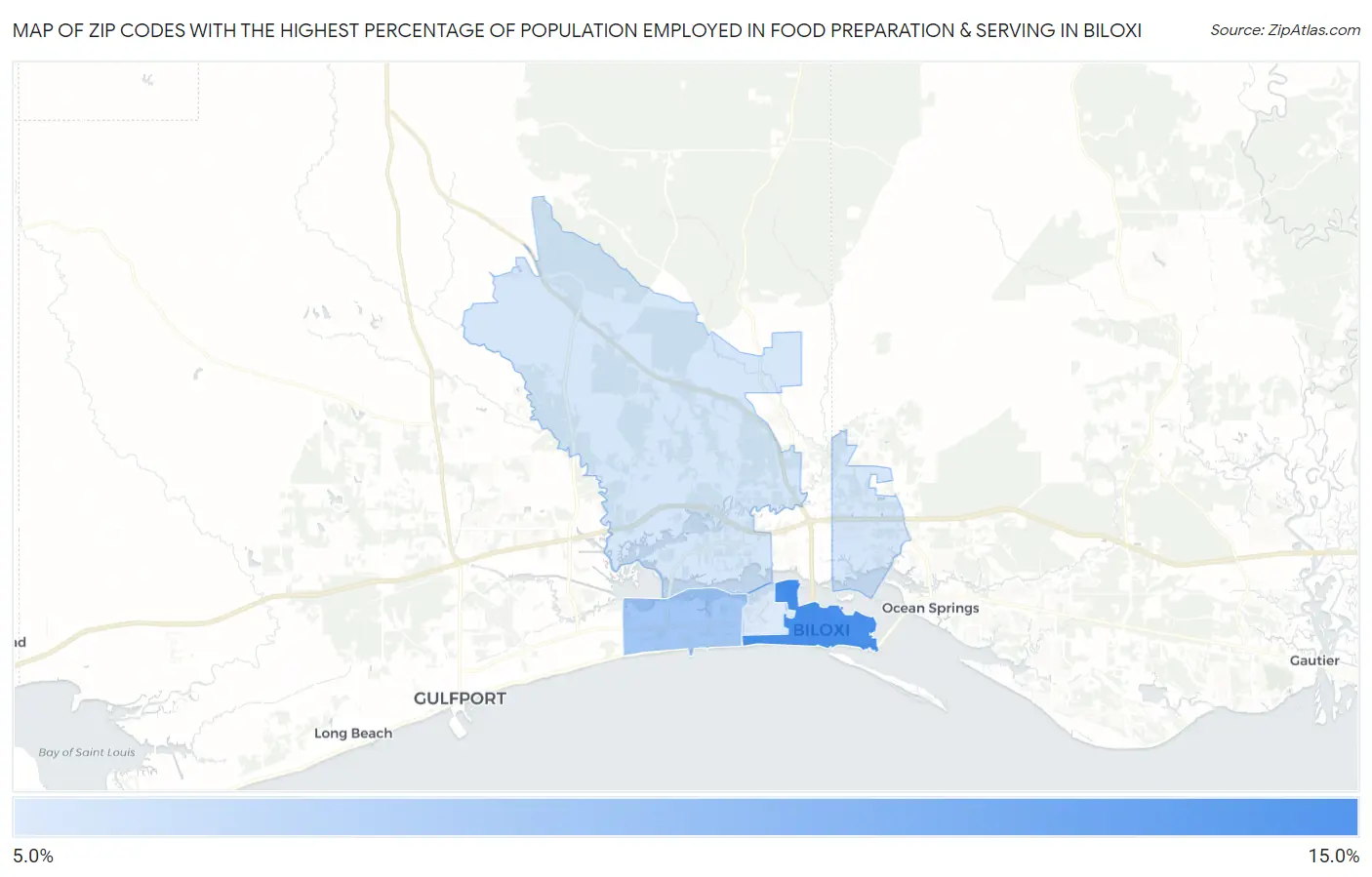 Zip Codes with the Highest Percentage of Population Employed in Food Preparation & Serving in Biloxi Map