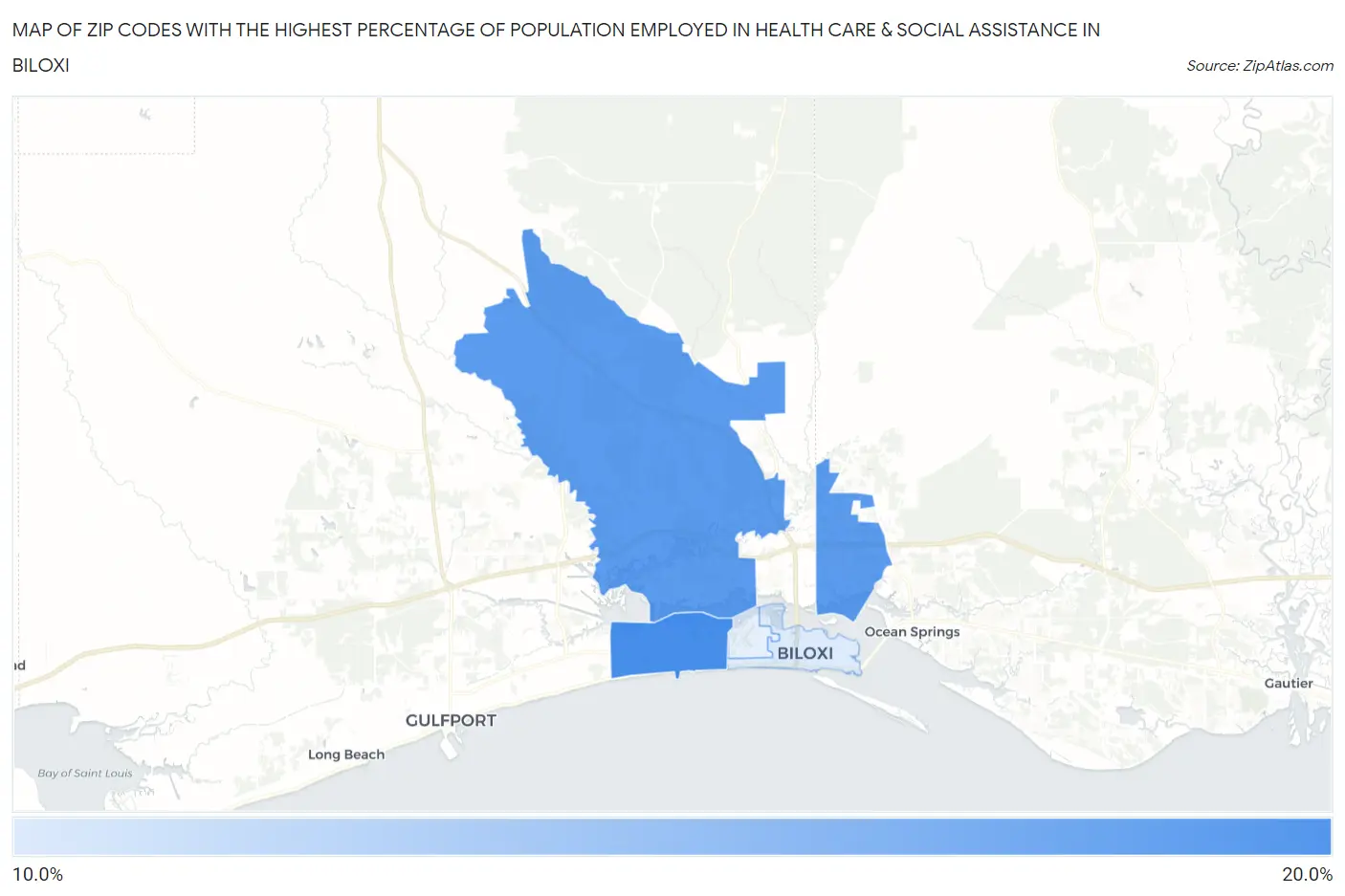 Zip Codes with the Highest Percentage of Population Employed in Health Care & Social Assistance in Biloxi Map