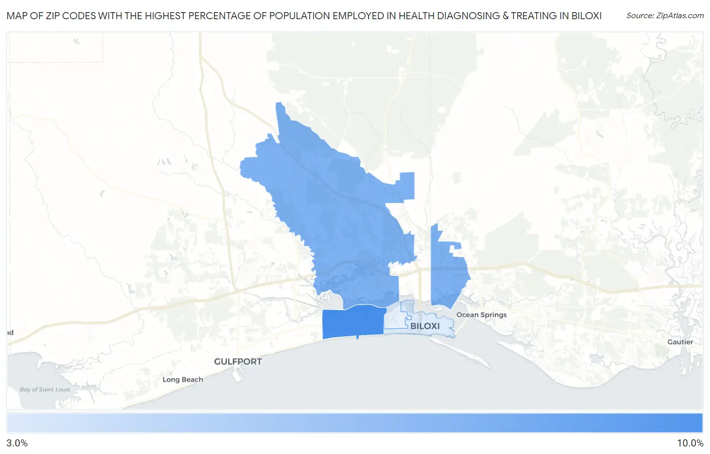 Zip Codes with the Highest Percentage of Population Employed in Health Diagnosing & Treating in Biloxi Map