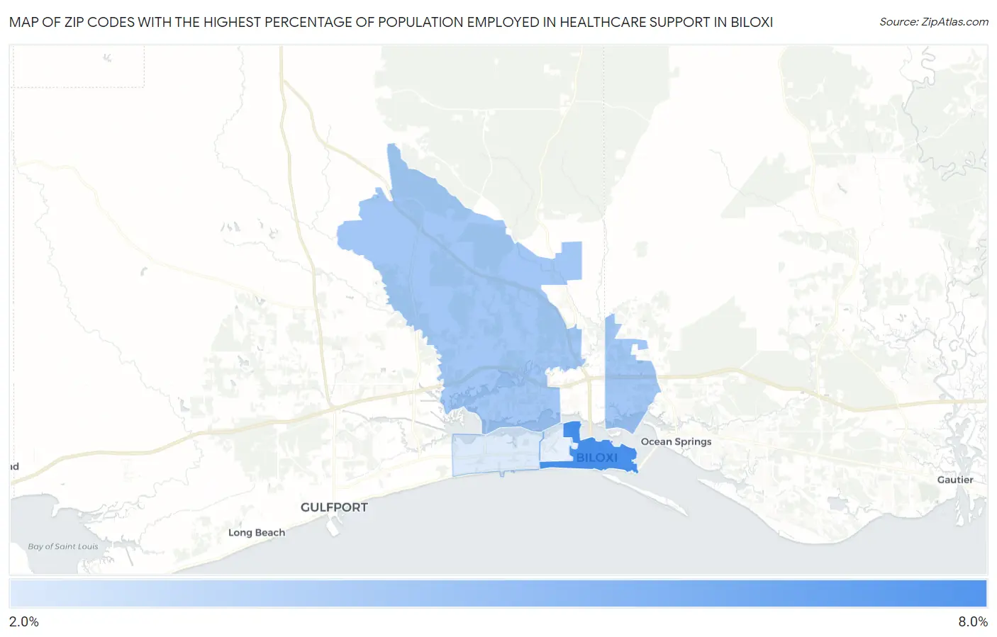 Zip Codes with the Highest Percentage of Population Employed in Healthcare Support in Biloxi Map