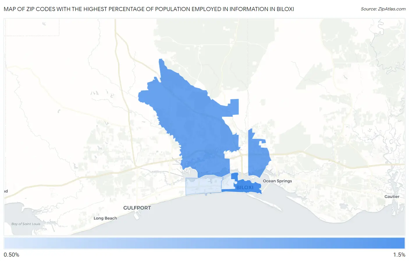 Zip Codes with the Highest Percentage of Population Employed in Information in Biloxi Map