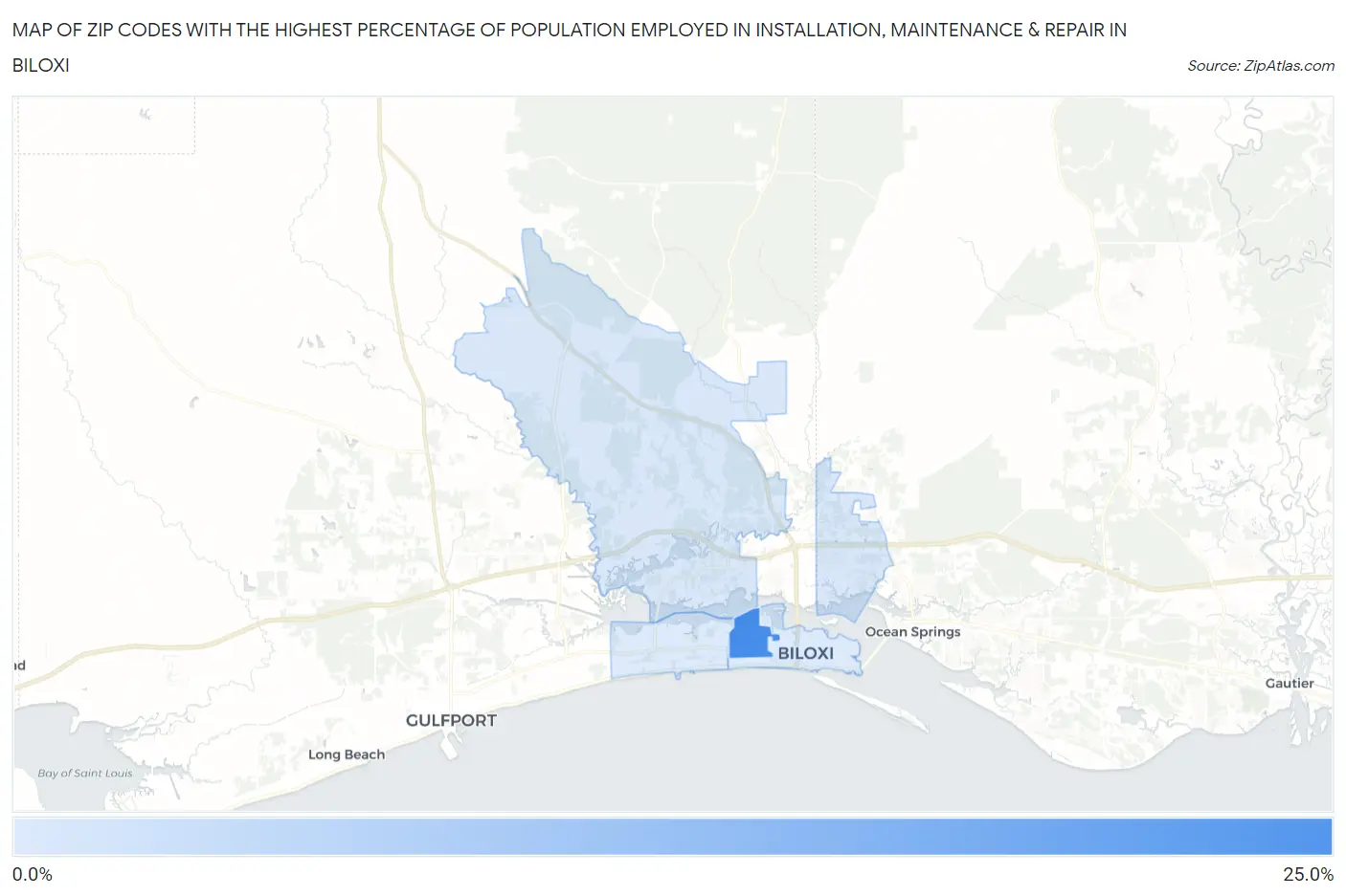 Zip Codes with the Highest Percentage of Population Employed in Installation, Maintenance & Repair in Biloxi Map