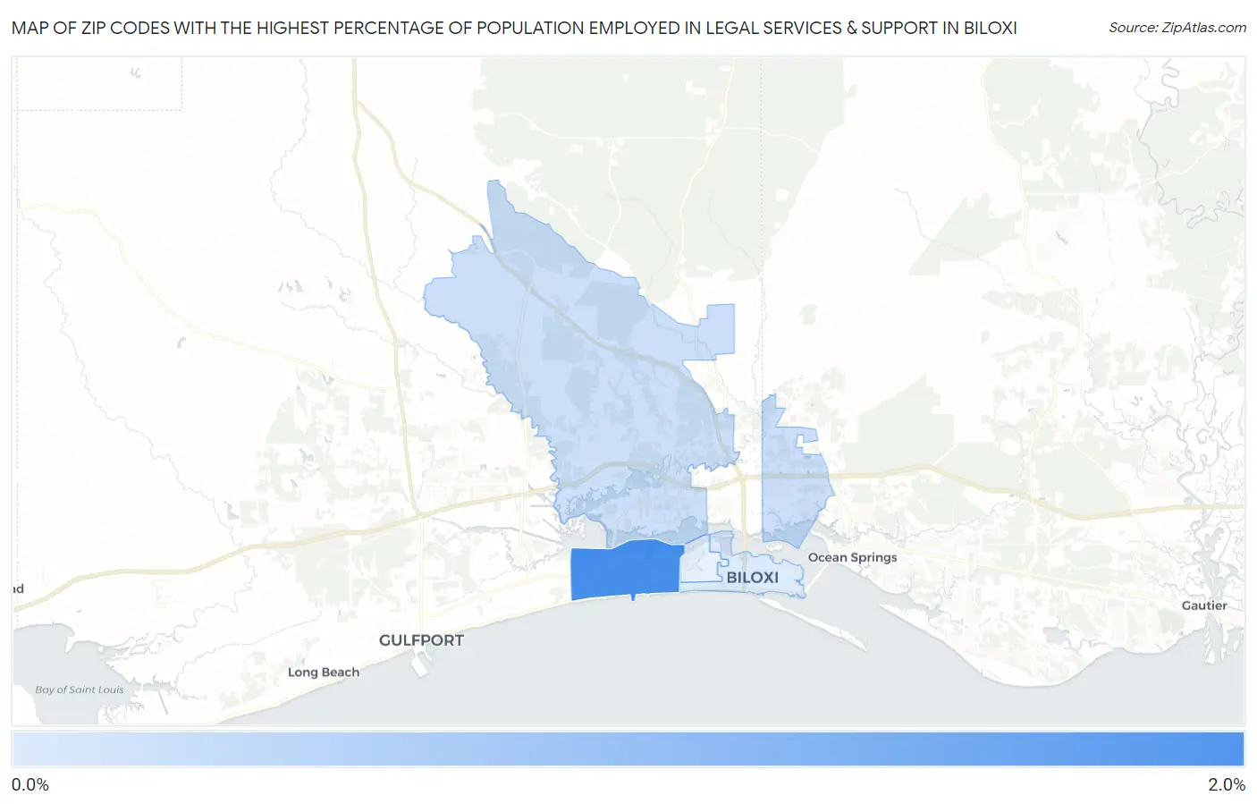 Zip Codes with the Highest Percentage of Population Employed in Legal Services & Support in Biloxi Map