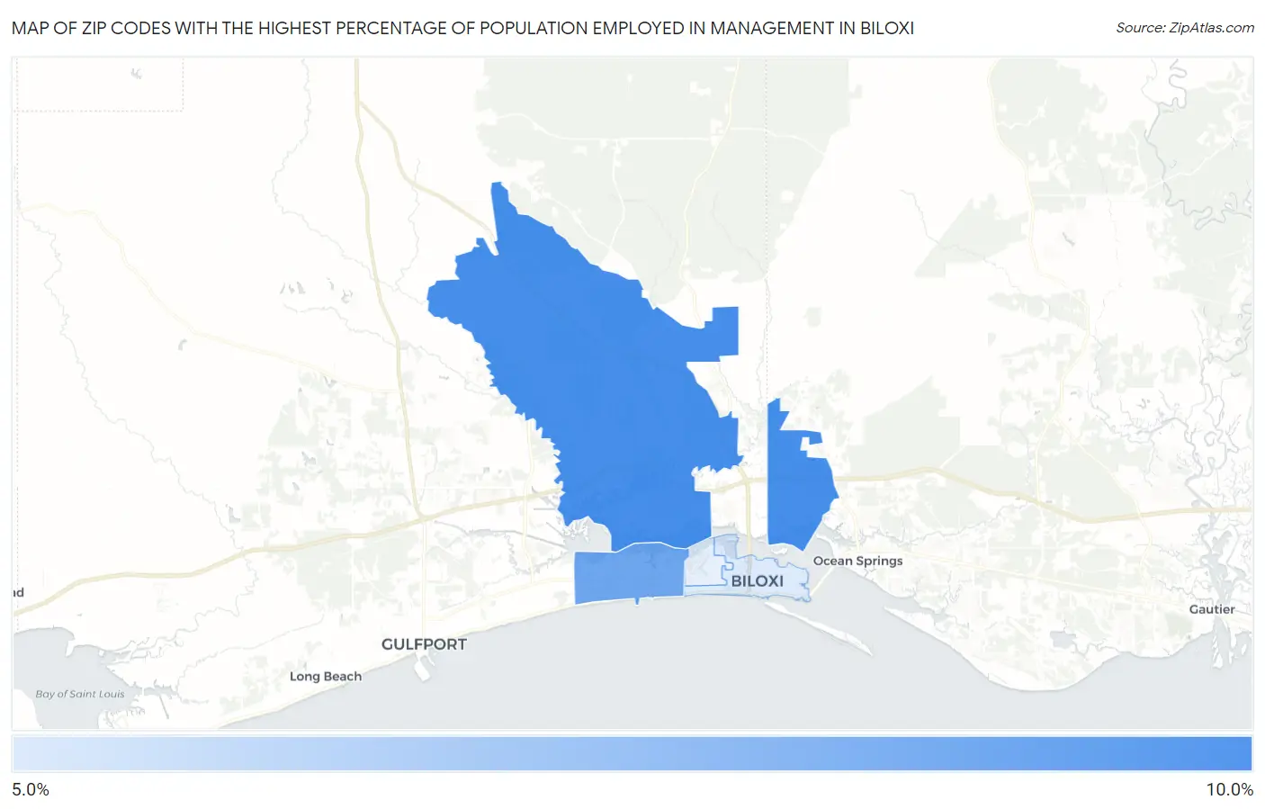 Zip Codes with the Highest Percentage of Population Employed in Management in Biloxi Map