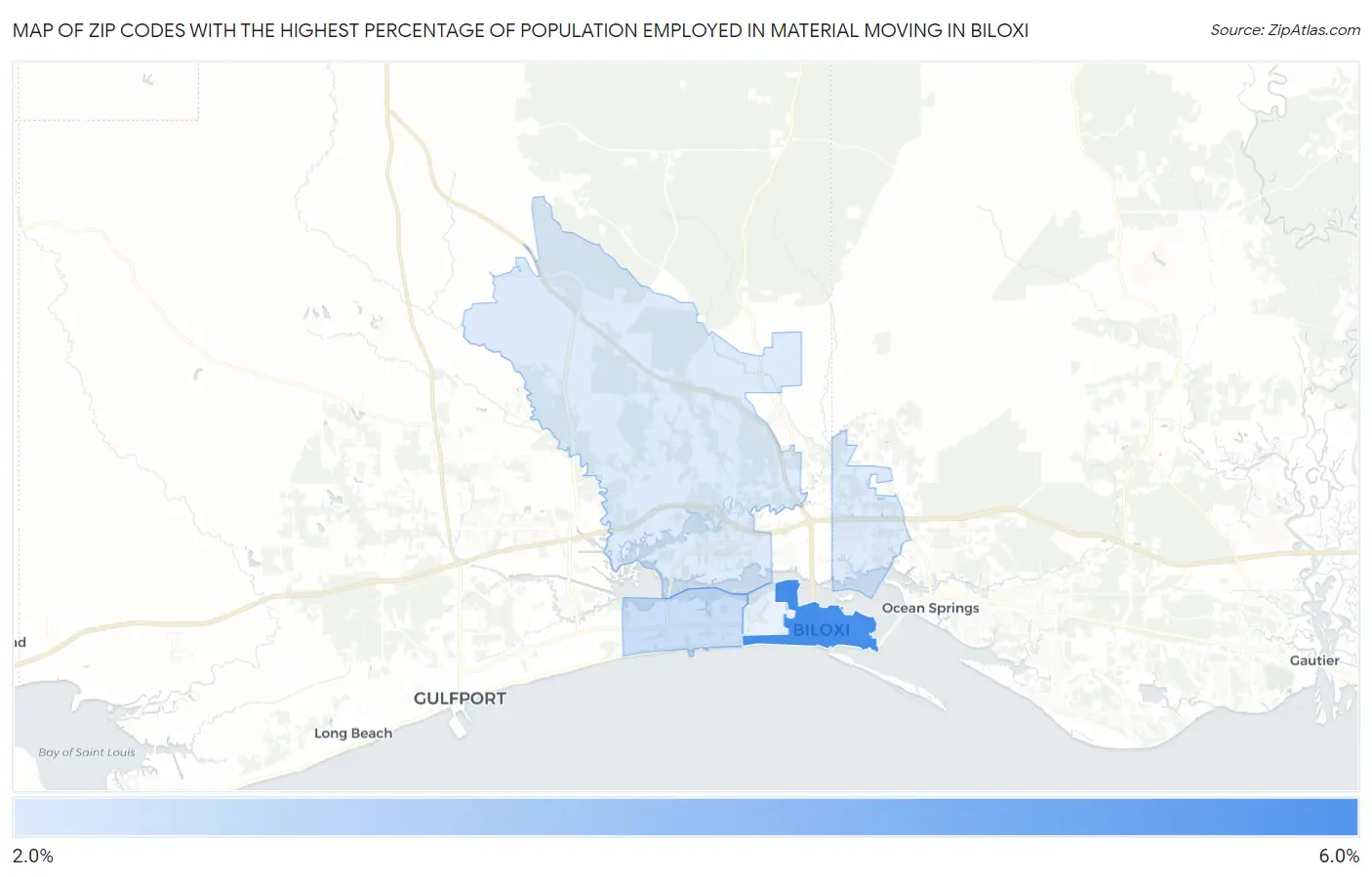 Zip Codes with the Highest Percentage of Population Employed in Material Moving in Biloxi Map