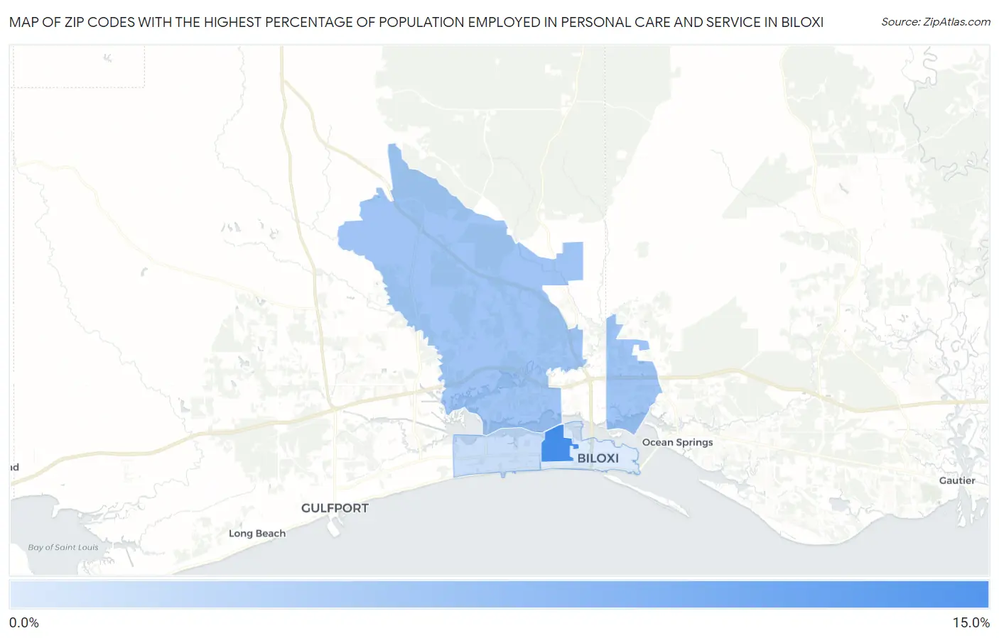Zip Codes with the Highest Percentage of Population Employed in Personal Care and Service in Biloxi Map