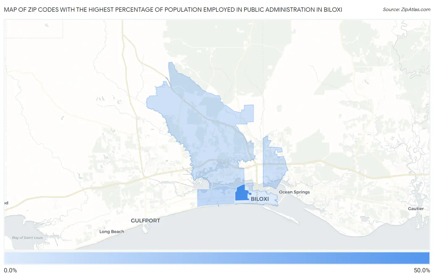 Zip Codes with the Highest Percentage of Population Employed in Public Administration in Biloxi Map