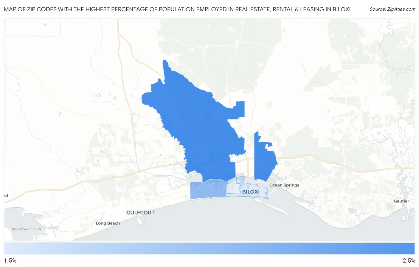 Zip Codes with the Highest Percentage of Population Employed in Real Estate, Rental & Leasing in Biloxi Map
