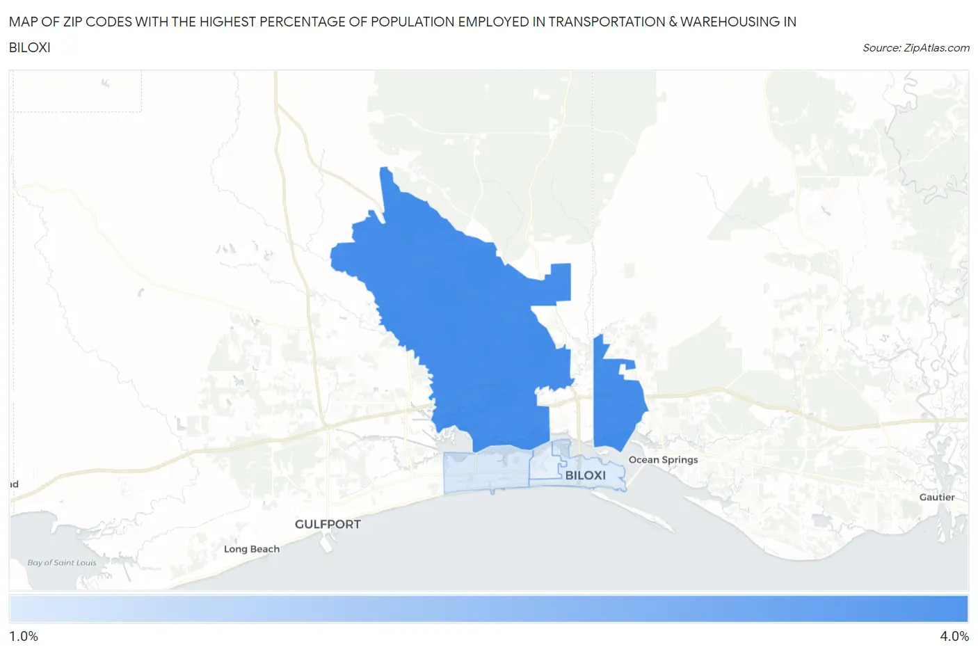 Zip Codes with the Highest Percentage of Population Employed in Transportation & Warehousing in Biloxi Map