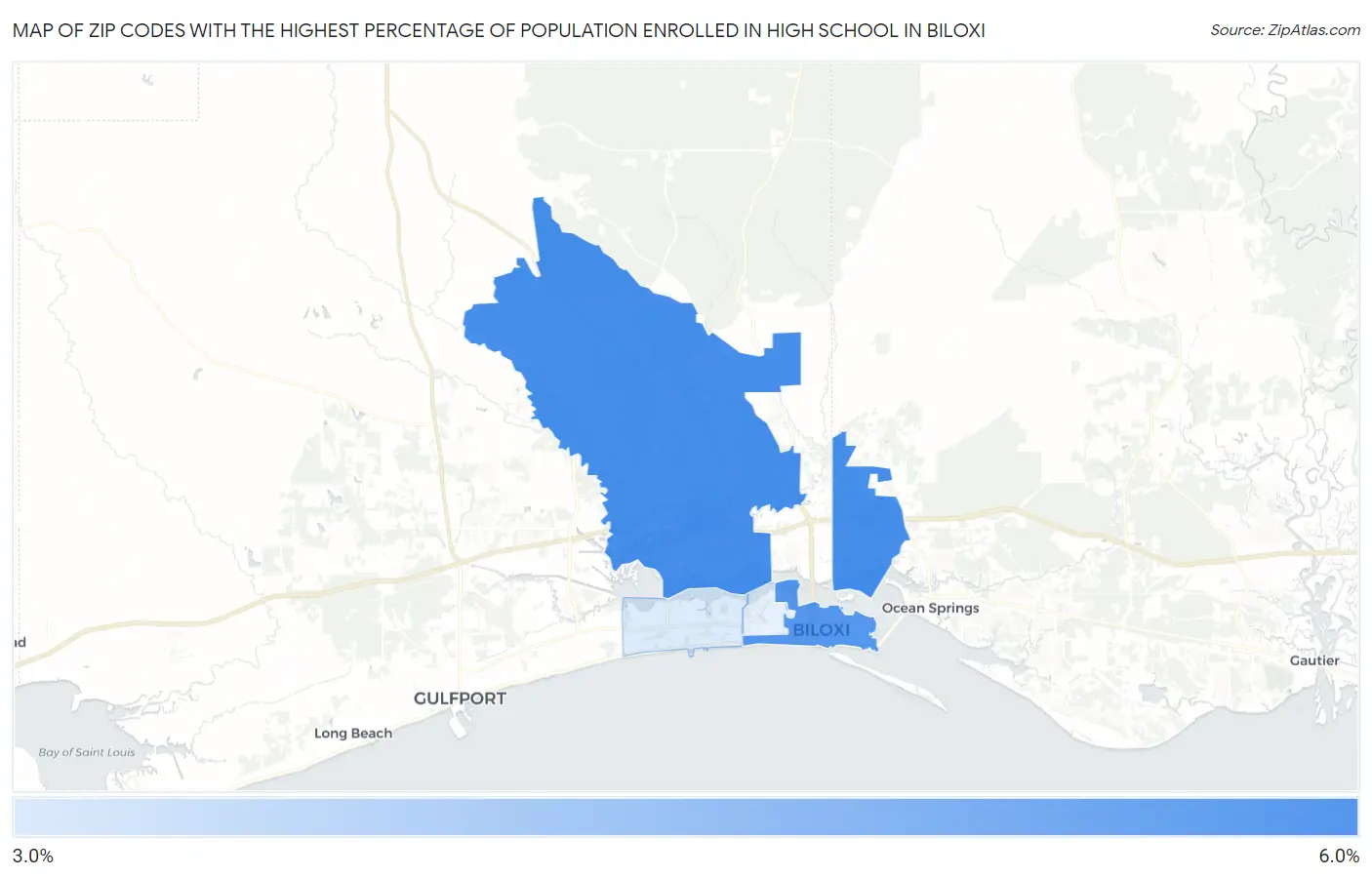 Zip Codes with the Highest Percentage of Population Enrolled in High School in Biloxi Map