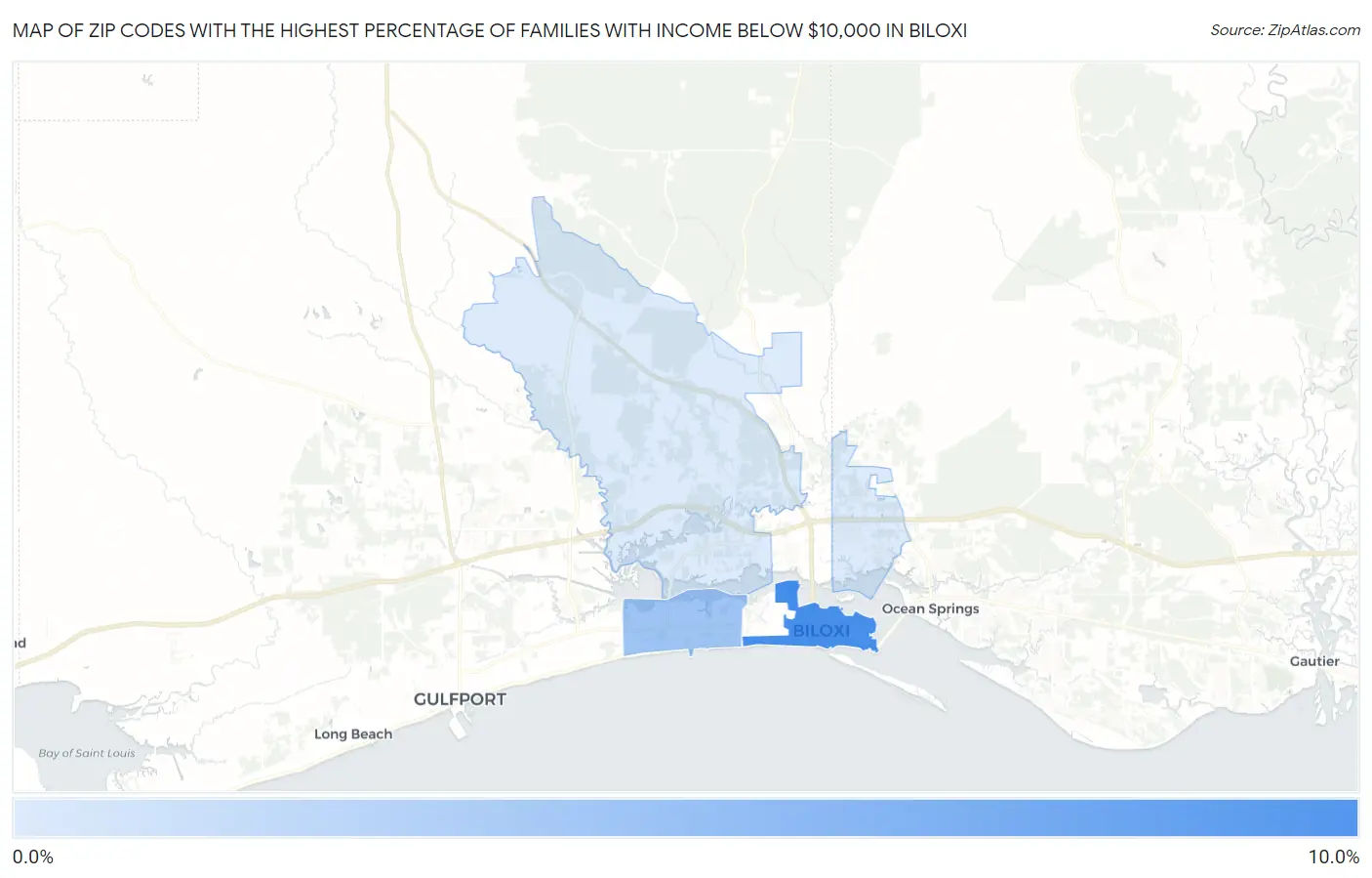 Zip Codes with the Highest Percentage of Families with Income Below $10,000 in Biloxi Map