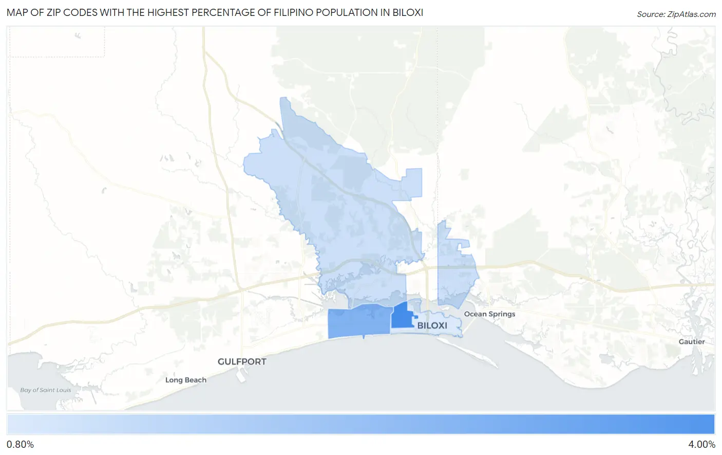 Zip Codes with the Highest Percentage of Filipino Population in Biloxi Map