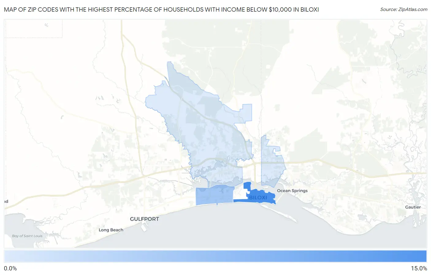 Zip Codes with the Highest Percentage of Households with Income Below $10,000 in Biloxi Map