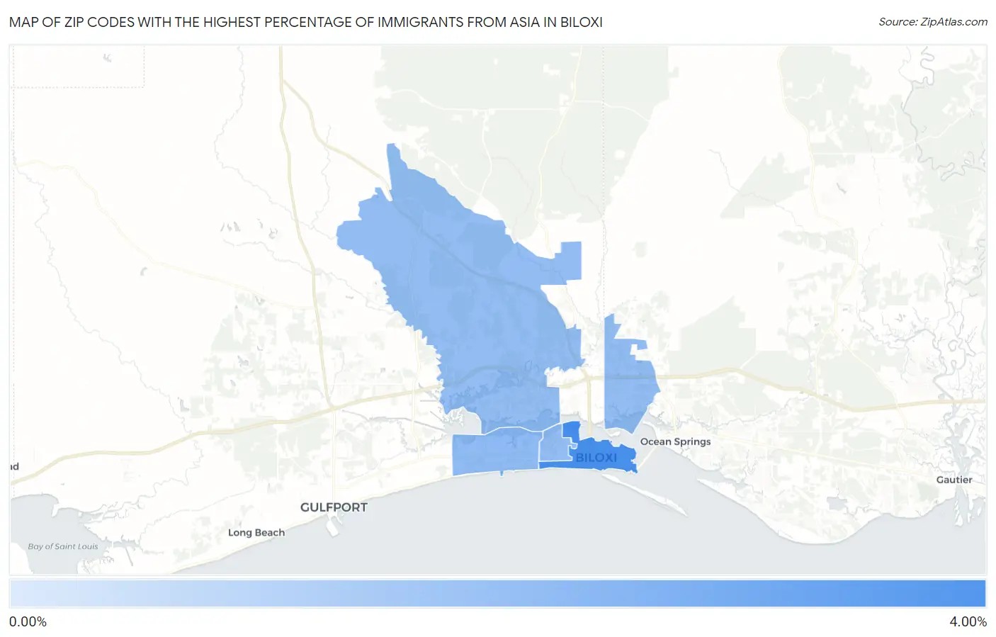 Zip Codes with the Highest Percentage of Immigrants from Asia in Biloxi Map
