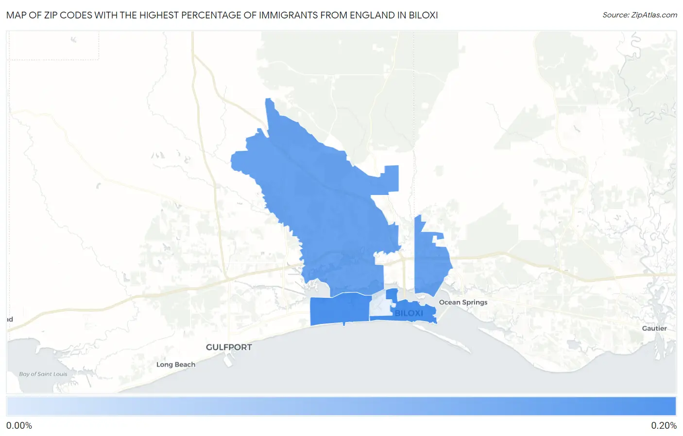 Zip Codes with the Highest Percentage of Immigrants from England in Biloxi Map