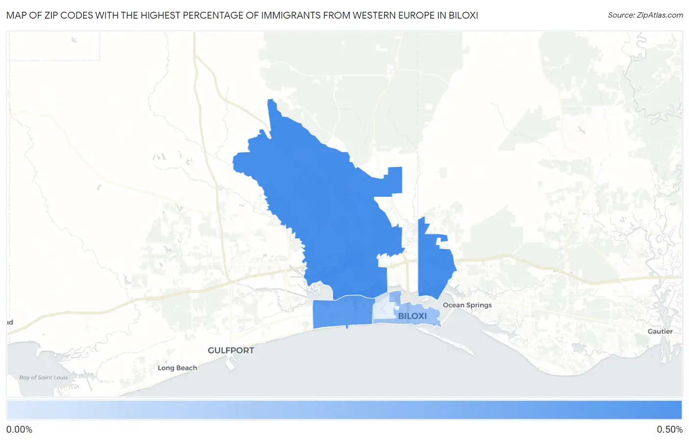 Zip Codes with the Highest Percentage of Immigrants from Western Europe in Biloxi Map