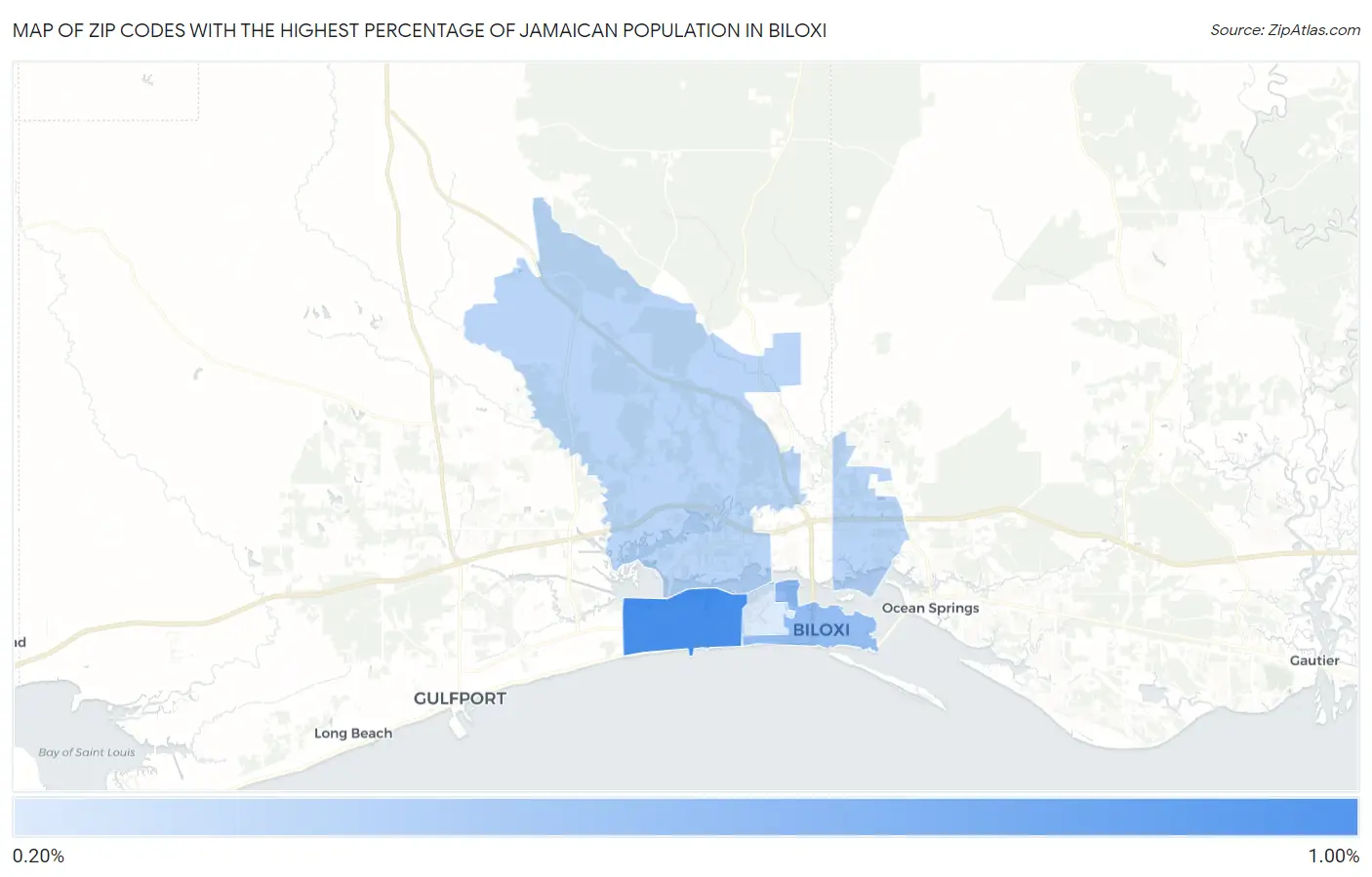 Zip Codes with the Highest Percentage of Jamaican Population in Biloxi Map