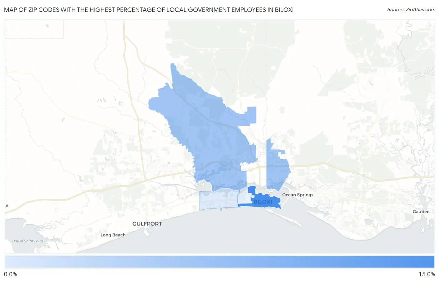 Zip Codes with the Highest Percentage of Local Government Employees in Biloxi Map