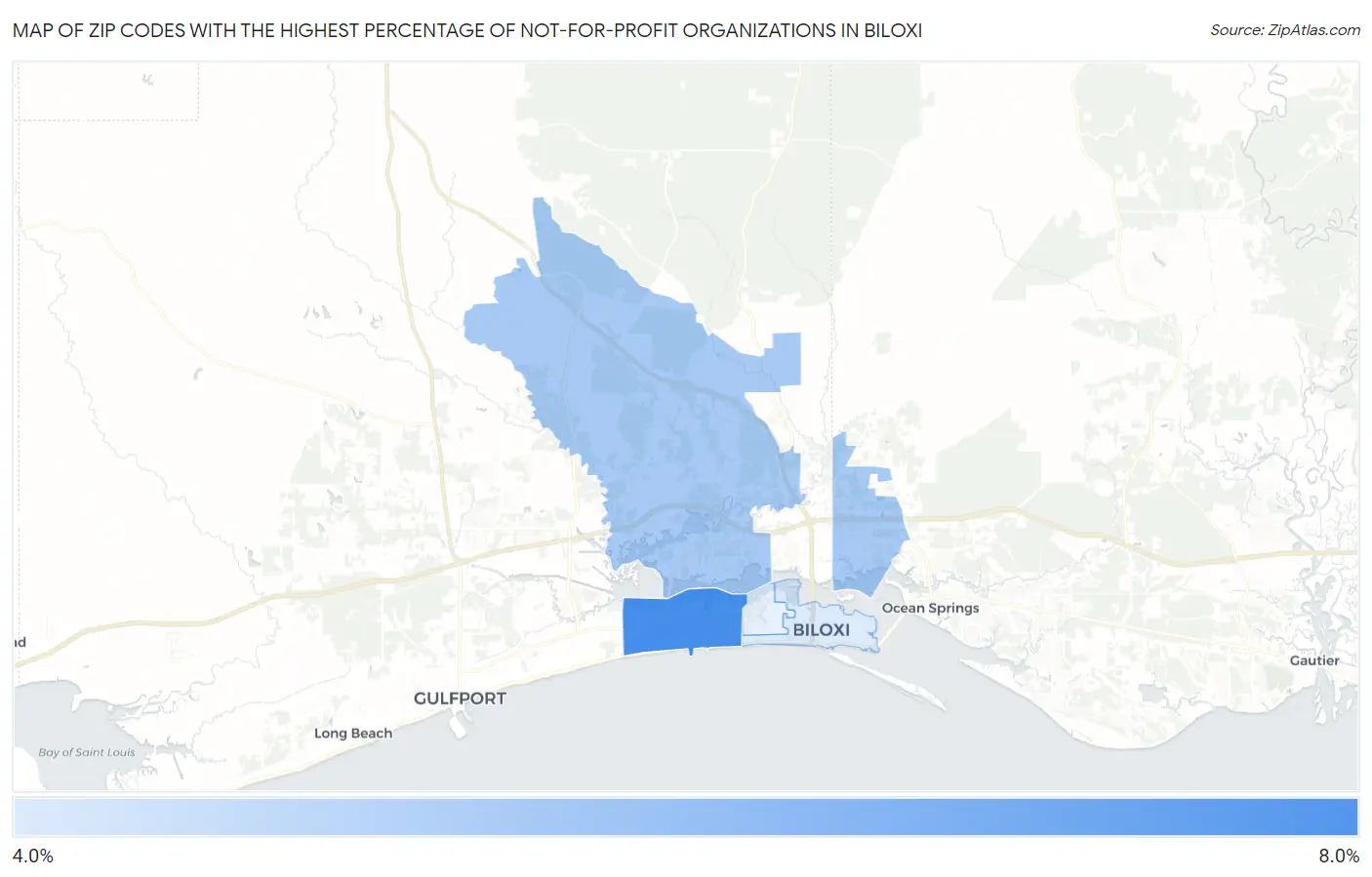Zip Codes with the Highest Percentage of Not-for-profit Organizations in Biloxi Map